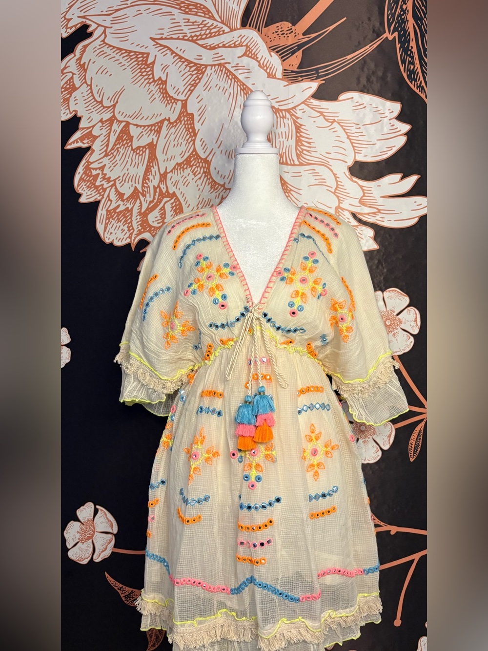 NWT Papa Pia Luxe Cream Mini Dress with Neon Embroidery & Mirror Accent Detail - Picture 3 of 10